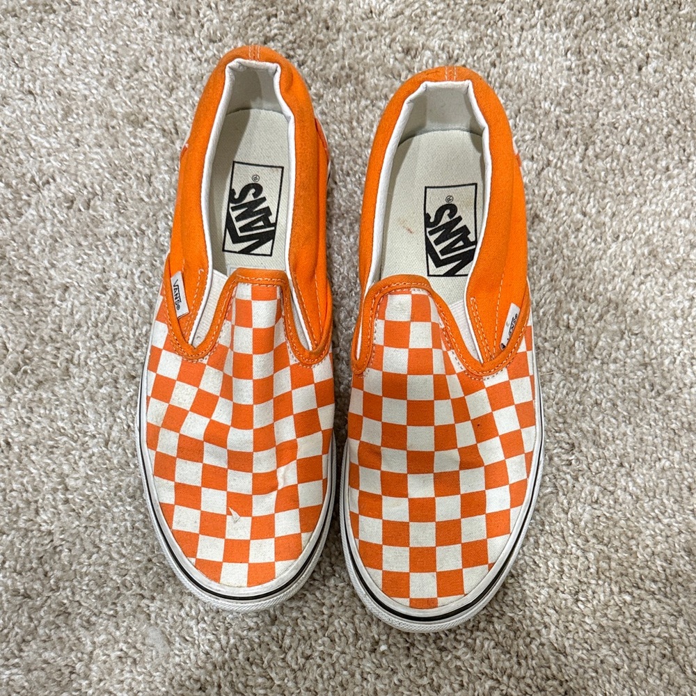 Vans Orange and White Checkered Slip-On Sneakers